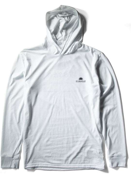 Vissla The Box Comp hooded performance tee in pale gray lightweight fabric, with long sleeves and a small chest logo.
