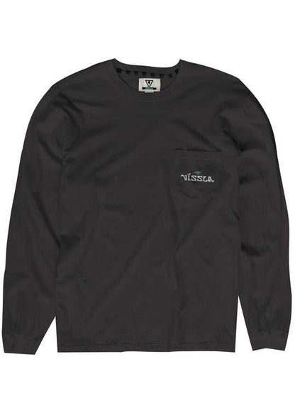 Vissla West Winds LS Pocket Tee, charcoal cotton long-sleeve shirt with a chest pocket and small white logo print.