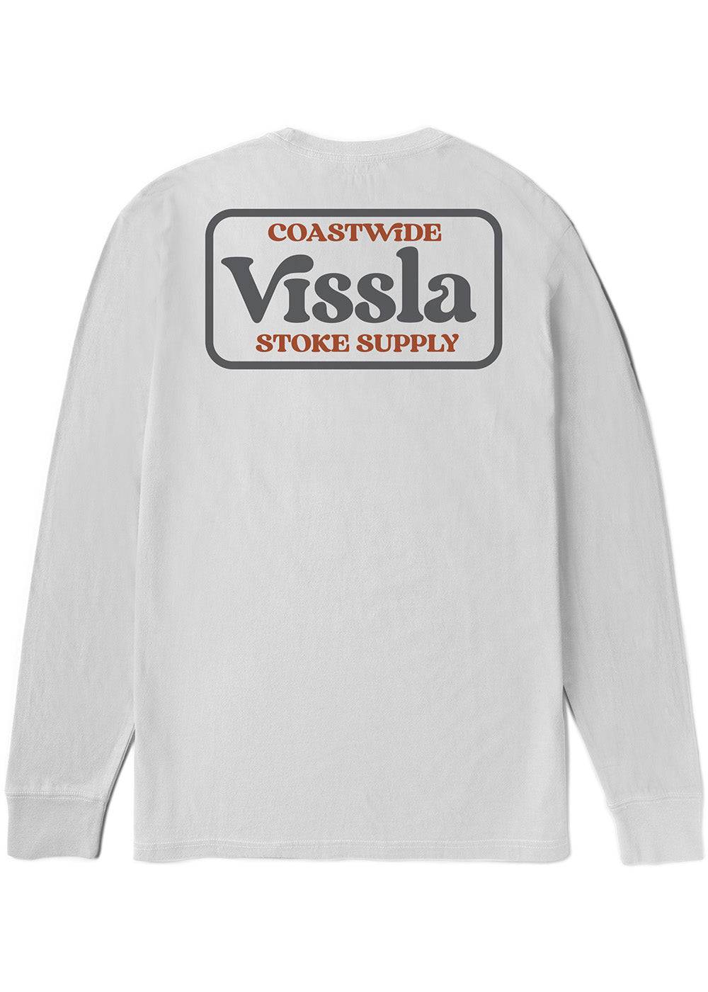 Vissla Coastwide Ls long-sleeve T-shirt in light gray cotton, with a large Coastwide Vissla graphic printed on the back.