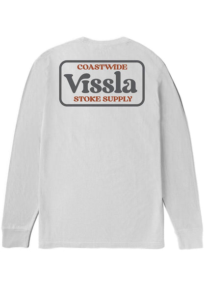 Vissla Coastwide Ls long-sleeve T-shirt in light gray cotton, with a large Coastwide Vissla graphic printed on the back.