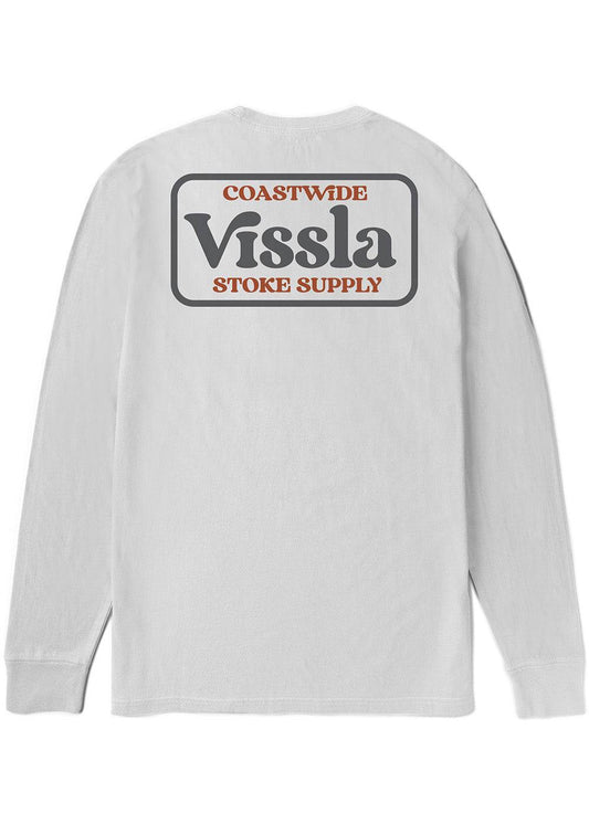 Vissla Coastwide Ls long-sleeve T-shirt in light gray cotton, with a large Coastwide Vissla graphic printed on the back.