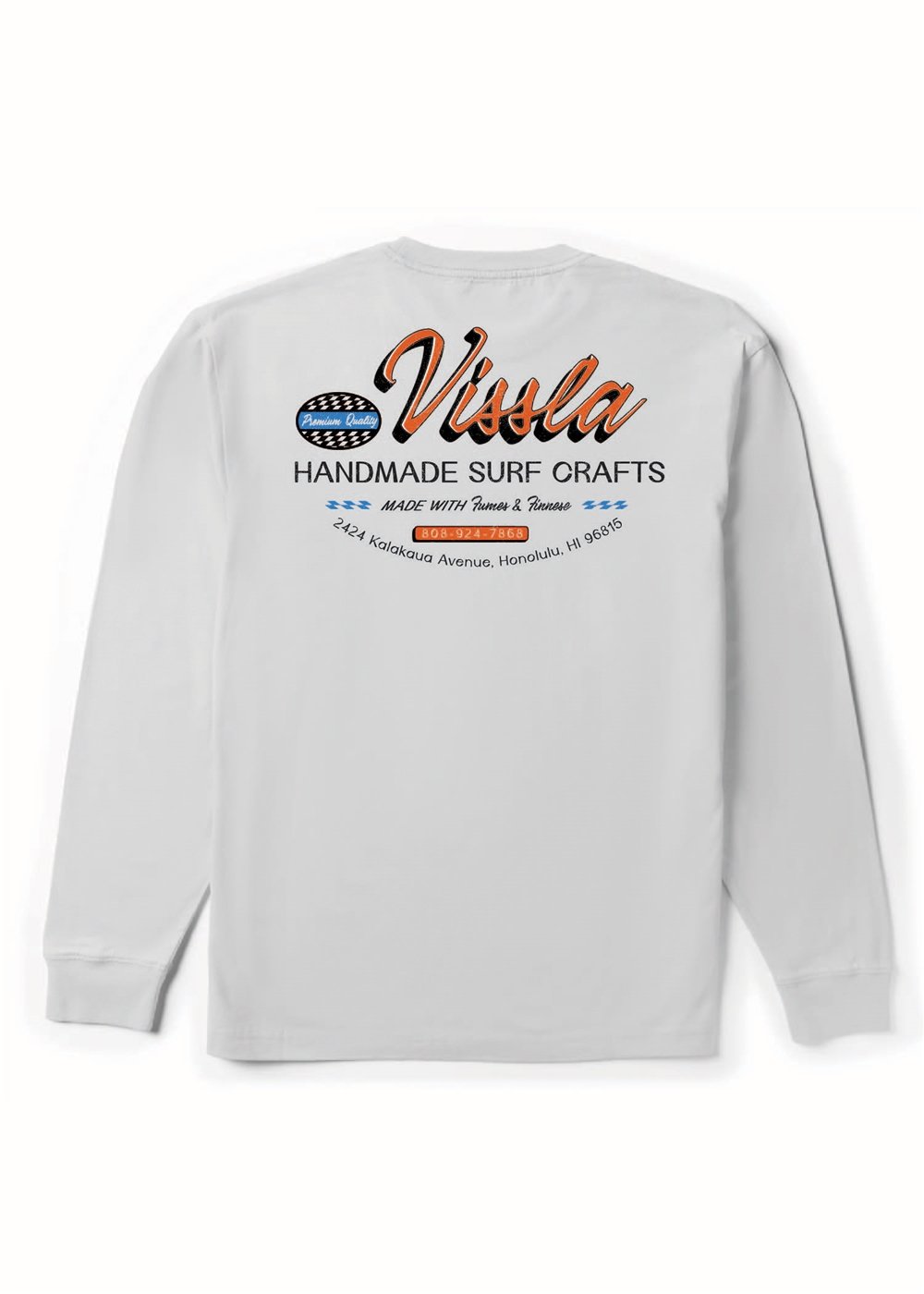 Vissla Handmade Premium long sleeve tee in white cotton, featuring a colorful chest graphic with surf-craft lettering.