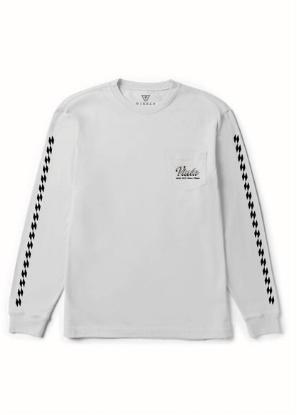 Vissla Handmade Premium long sleeve T-shirt in light gray cotton with black sleeve graphics and a small chest logo print.
