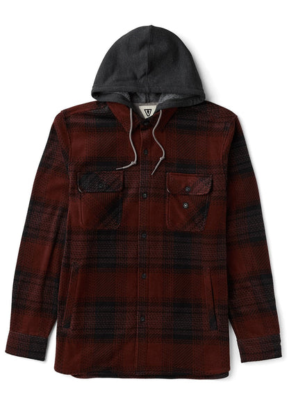 Vissla Eco-Zy Shirt Jacket in dark red and black plaid fleece, with a black hood and buttoned chest pockets.