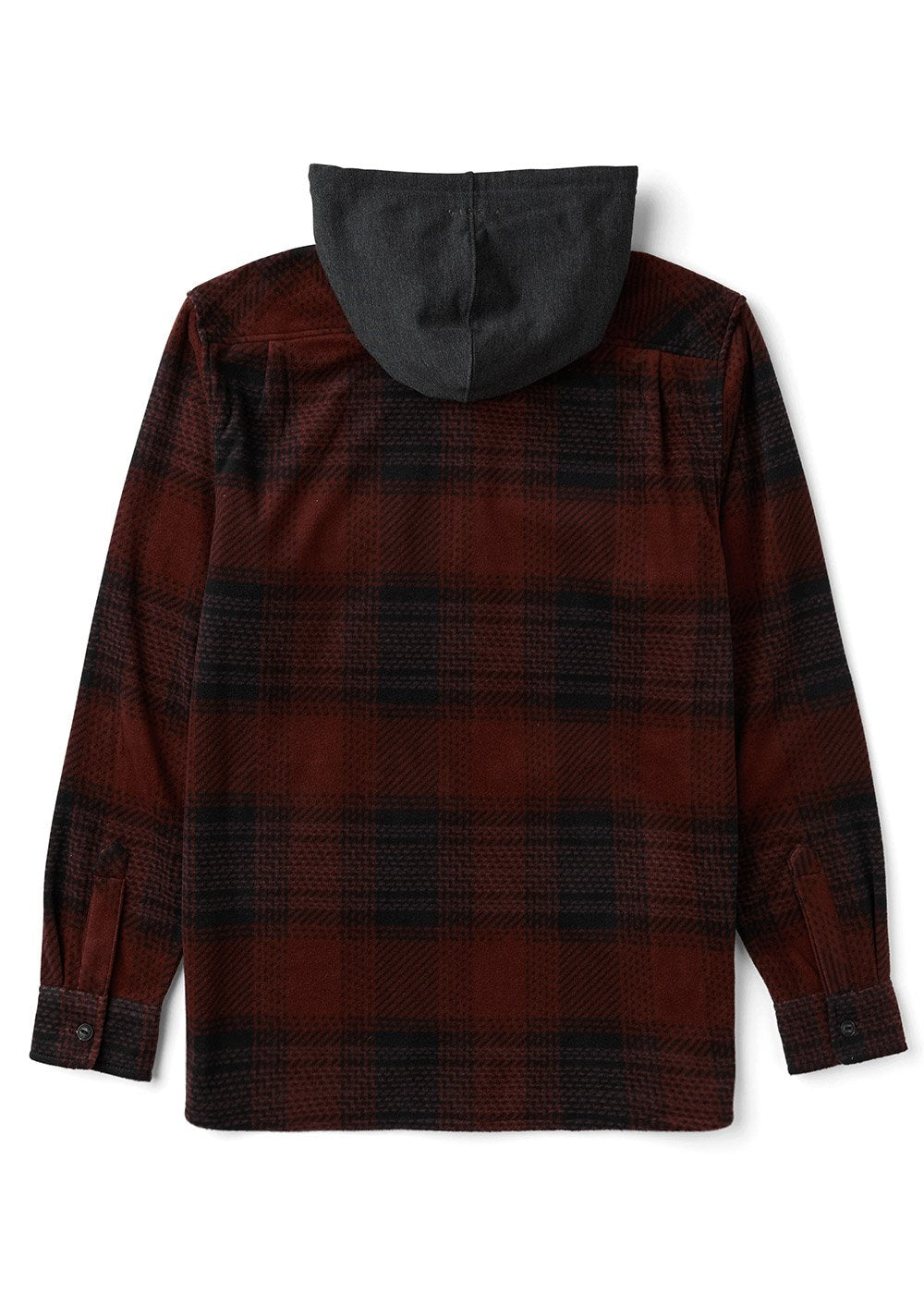 Vissla Eco-Zy Shirt Jacket in red and black plaid fleece, with a contrasting charcoal hood and button cuffs.