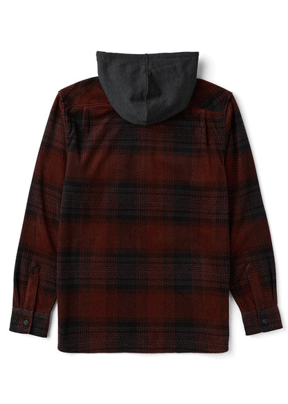 Vissla Eco-Zy Shirt Jacket in red and black plaid fleece, with a contrasting charcoal hood and button cuffs.
