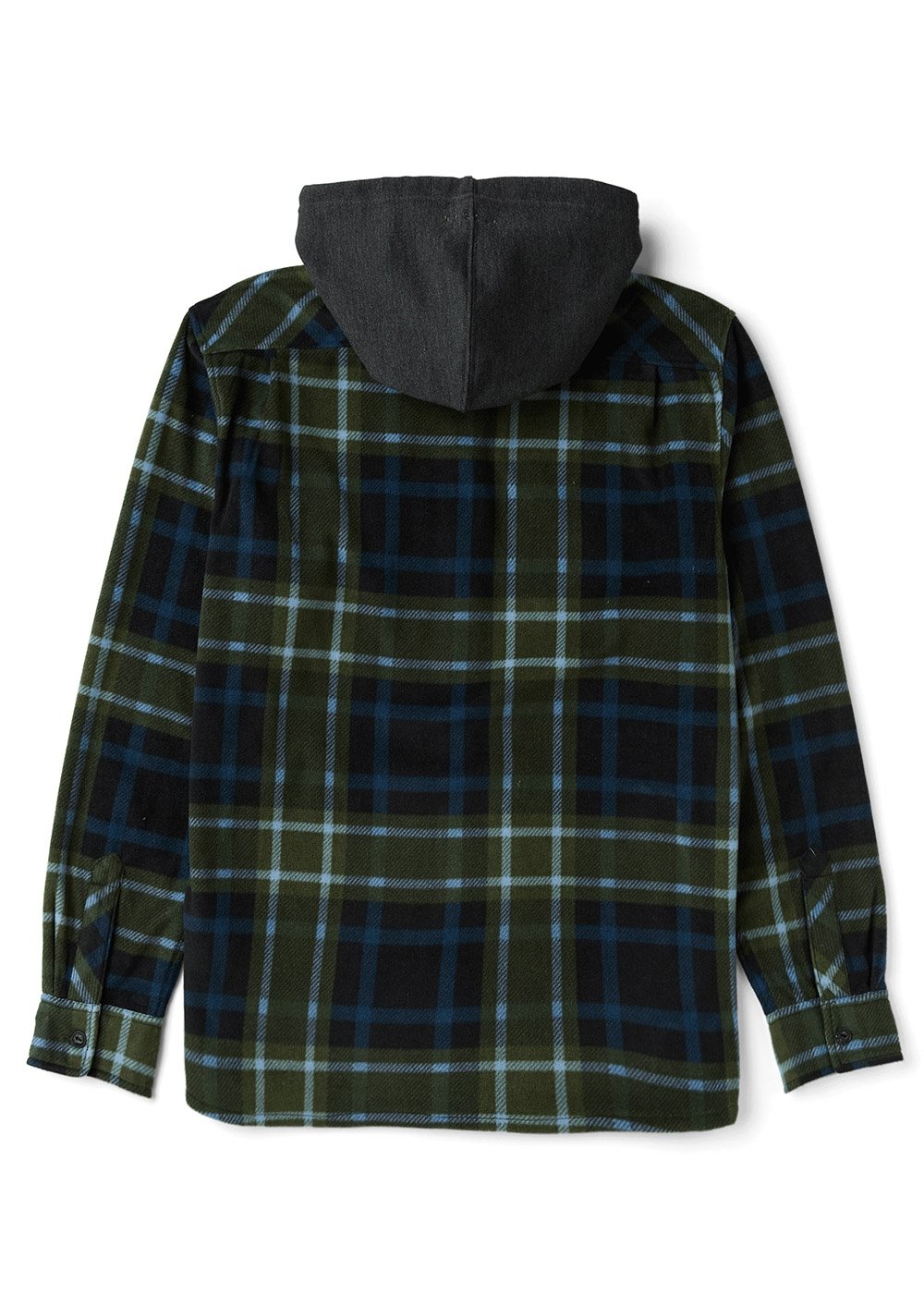 Vissla Eco-Zy Shirt Jacket in dark green and navy plaid fleece, with a solid charcoal hood and button cuffs.