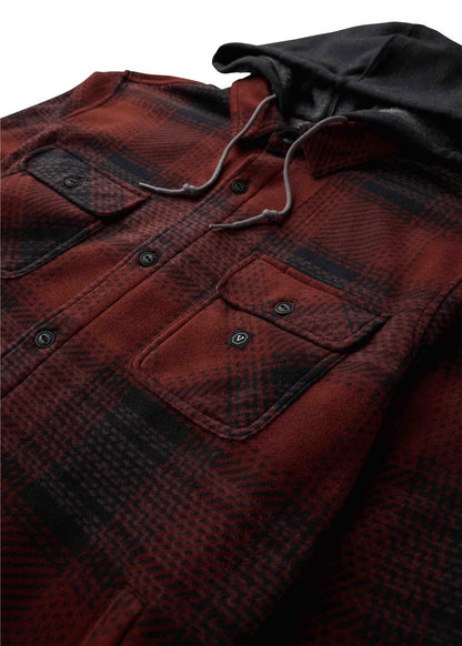 Vissla Eco-Zy Shirt Jacket in red and black plaid fleece, with a black hood, drawstrings, and buttoned chest pockets.