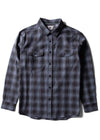 Vissla Central Coast Eco flannel shirt in charcoal and gray plaid, with long sleeves, button front, and twin chest pockets.