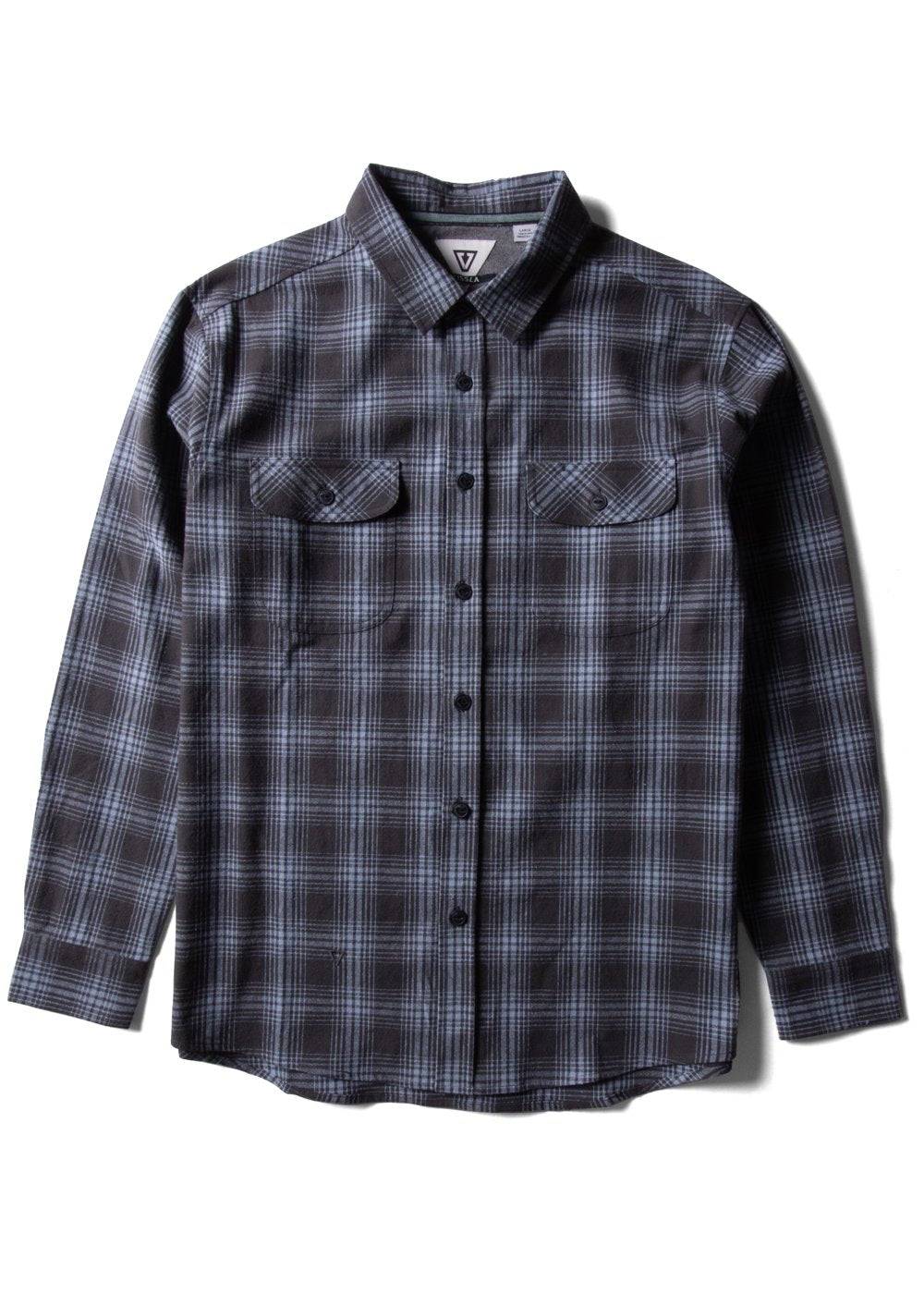 Vissla Central Coast Eco flannel shirt in charcoal and gray plaid, with long sleeves, button front, and twin chest pockets.