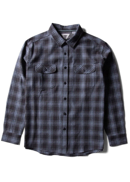 Vissla Central Coast Eco flannel shirt in charcoal and gray plaid, with long sleeves, button front, and twin chest pockets.