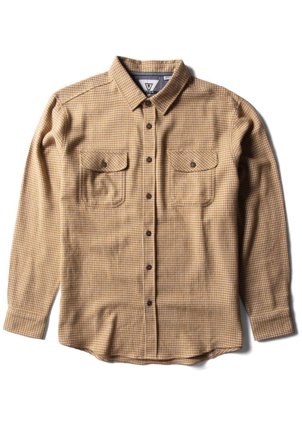 Vissla Central Coast Eco flannel shirt in tan and brown plaid, with a button front and two flap chest pockets.