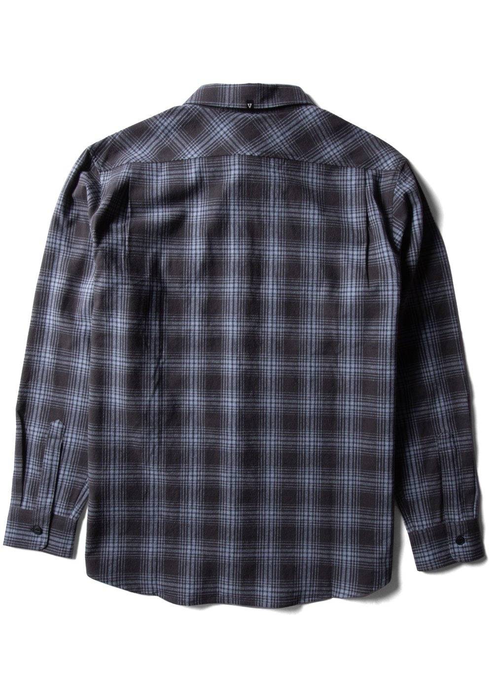 Vissla Central Coast Eco flannel shirt in charcoal and gray organic cotton plaid, with long sleeves and button cuffs.