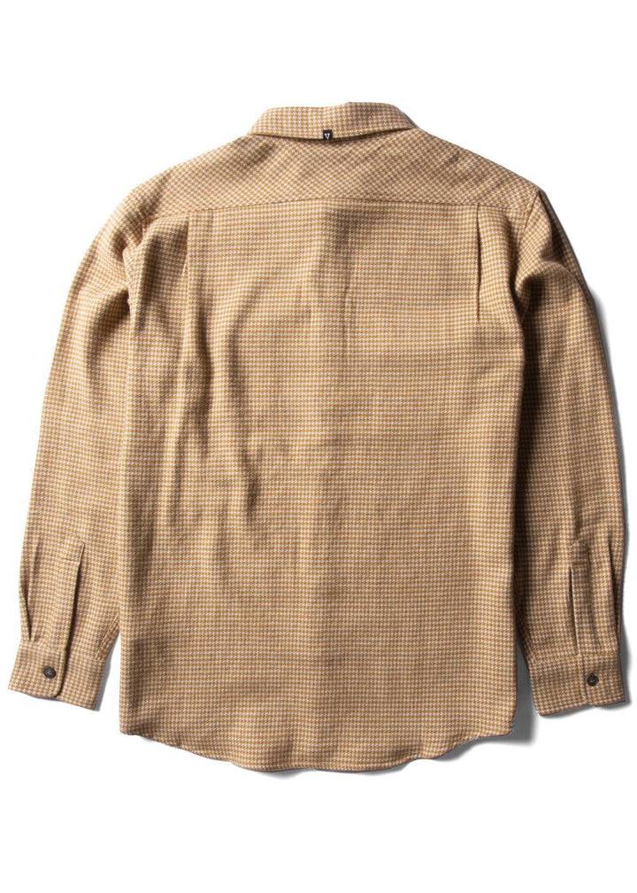 Vissla Central Coast Eco flannel shirt in tan and brown micro-plaid cotton, with long sleeves and a back yoke.