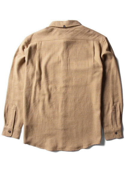 Vissla Central Coast Eco flannel shirt in tan and brown micro-plaid cotton, with long sleeves and a back yoke.