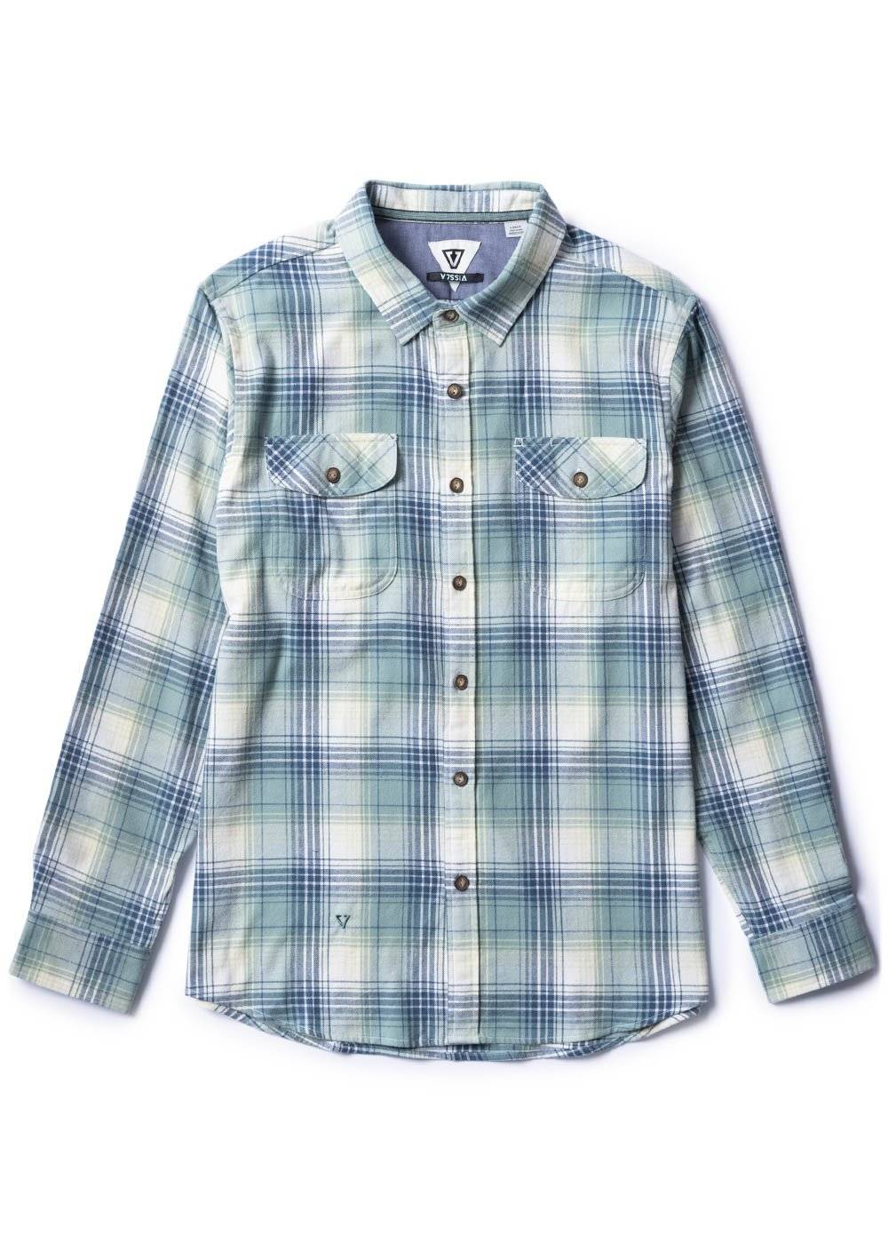 Vissla Central Coast Eco flannel shirt in pale blue, green and white plaid, with long sleeves and two buttoned chest pockets.