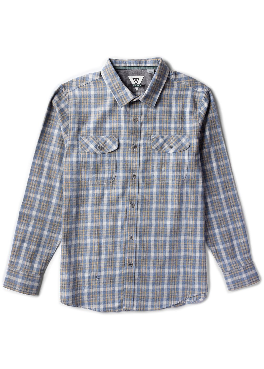 Flannel shirt, Vissla Central Coast Eco, in blue and tan organic cotton plaid with long sleeves and button chest pockets.