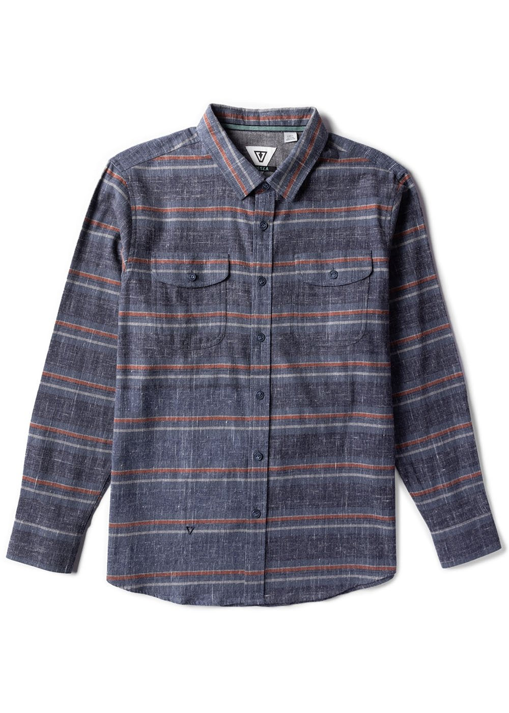 Vissla Central Coast Eco long-sleeve flannel shirt in blue-gray cotton plaid with orange stripes and two chest pockets.