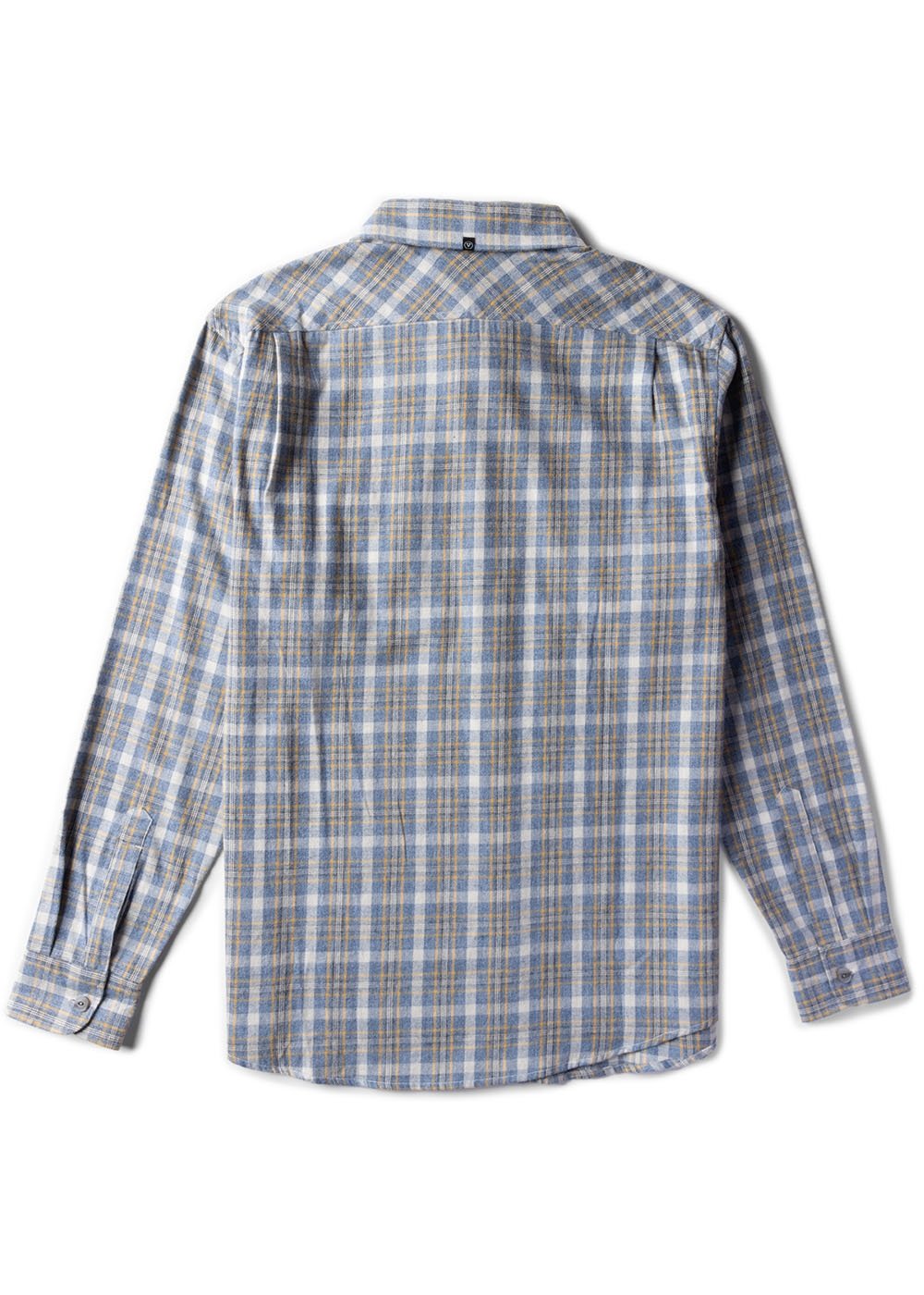 Vissla Central Coast Eco flannel shirt in blue, grey and tan organic cotton plaid, with long sleeves and a back yoke.