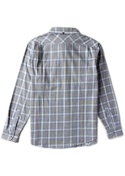 Vissla Central Coast Eco flannel shirt in blue, grey and tan organic cotton plaid, with long sleeves and a back yoke.