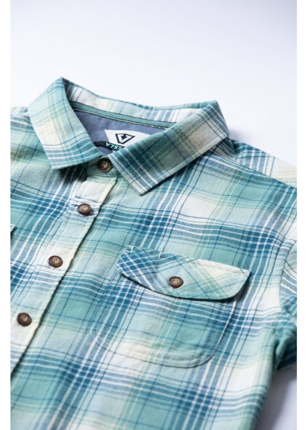 Vissla Central Coast Eco flannel shirt in pale blue and cream plaid, with a button front, collar and chest pocket.