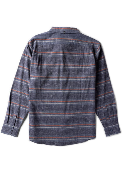 Vissla Central Coast Eco long-sleeve flannel shirt in dark blue organic cotton, with fine multicolour plaid stripes and a back yoke.