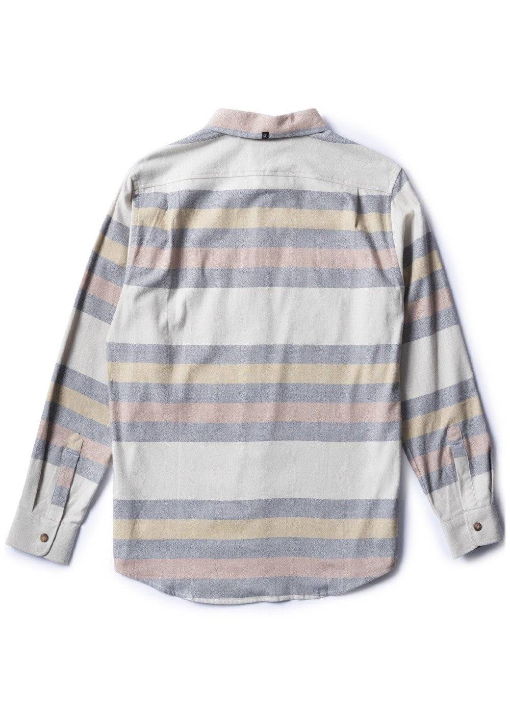 Vissla Central Coast Eco flannel shirt in soft woven cotton, with muted horizontal stripes, long sleeves and button cuffs.