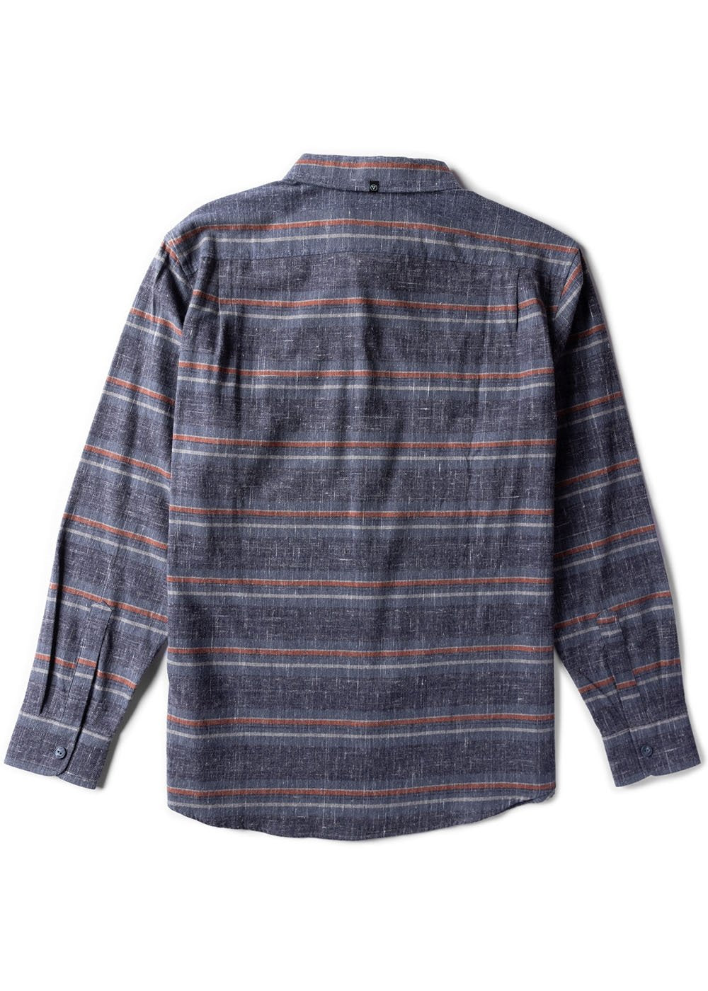 Vissla Central Coast Eco flannel shirt in dark blue organic cotton with fine horizontal plaid stripes and a curved hem.