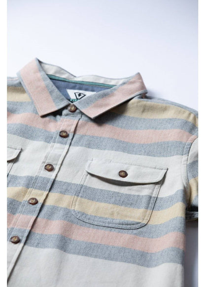 Vissla Central Coast Eco flannel shirt in muted pastel striped cotton, with a pointed collar, button placket and chest pocket.