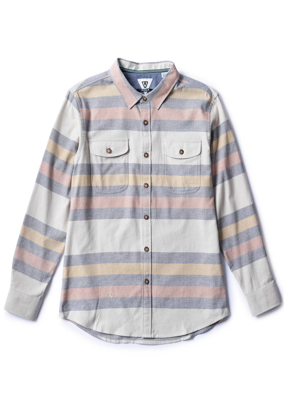 Vissla Central Coast Eco flannel shirt in organic cotton with muted blue, pink and tan plaid, button front and chest pockets.