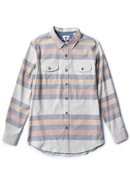 Vissla Central Coast Eco flannel shirt in organic cotton with muted blue, pink and tan plaid, button front and chest pockets.