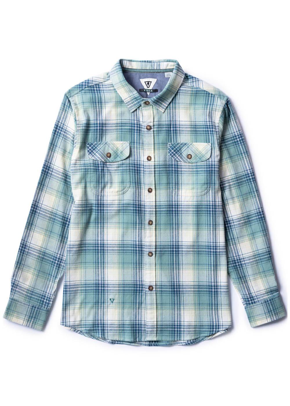 Vissla Central Coast Eco flannel shirt in pale blue and white plaid, with long sleeves, button front and dual chest pockets.