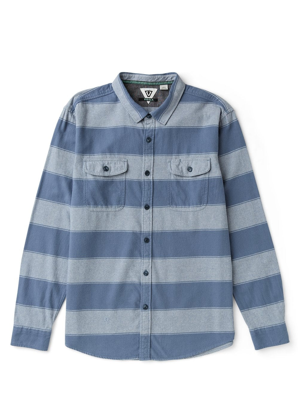Long-sleeve Vissla Central Coast Eco flannel shirt in blue and light gray organic cotton with broad stripes and button chest pockets.
