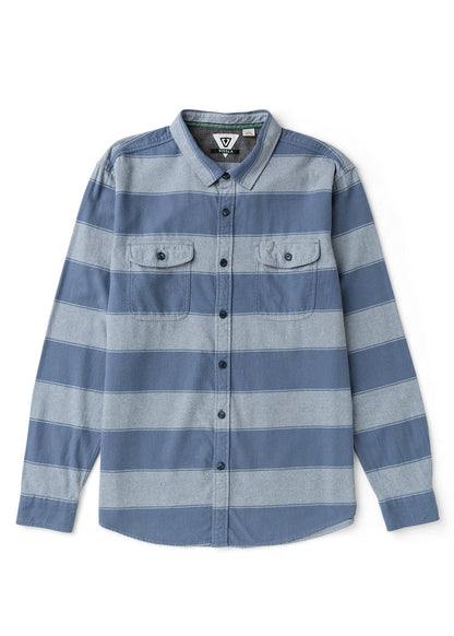 Long-sleeve Vissla Central Coast Eco flannel shirt in blue and light gray organic cotton with broad stripes and button chest pockets.