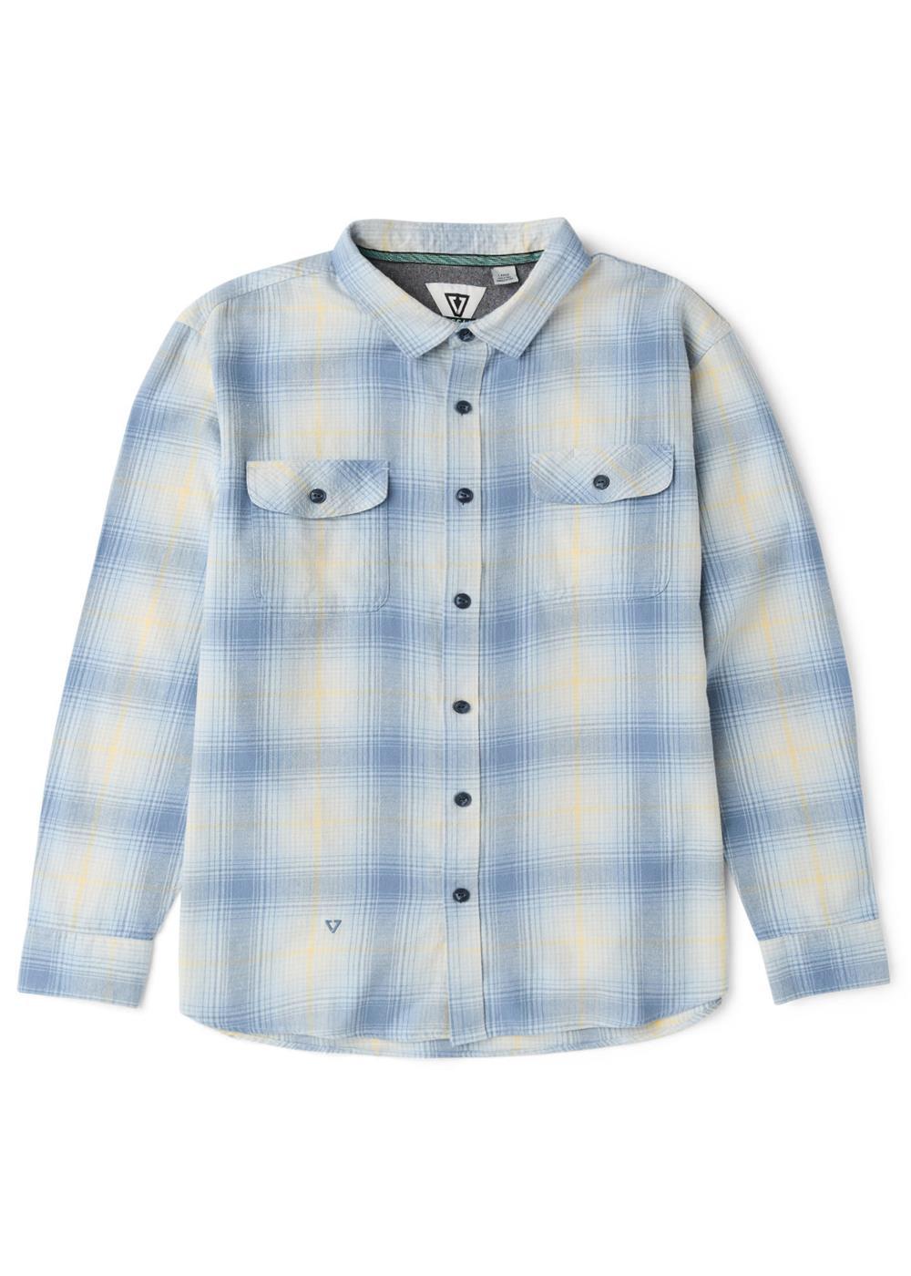 Vissla Central Coast Eco flannel shirt in pale blue and cream organic cotton plaid, with long sleeves and two buttoned chest pockets.