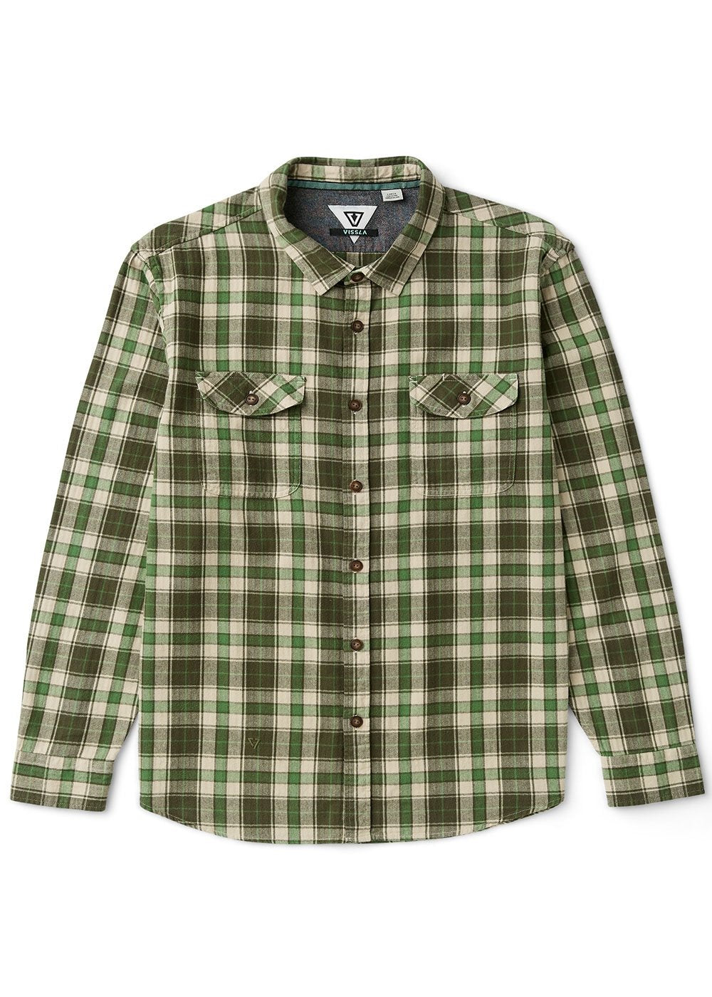 Vissla Central Coast Eco flannel shirt in green, cream and brown organic cotton plaid, with long sleeves and dual chest pockets.