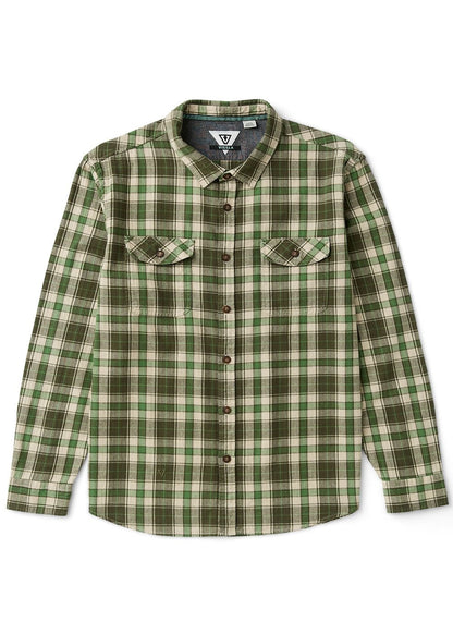 Vissla Central Coast Eco flannel shirt in green, cream and brown organic cotton plaid, with long sleeves and dual chest pockets.
