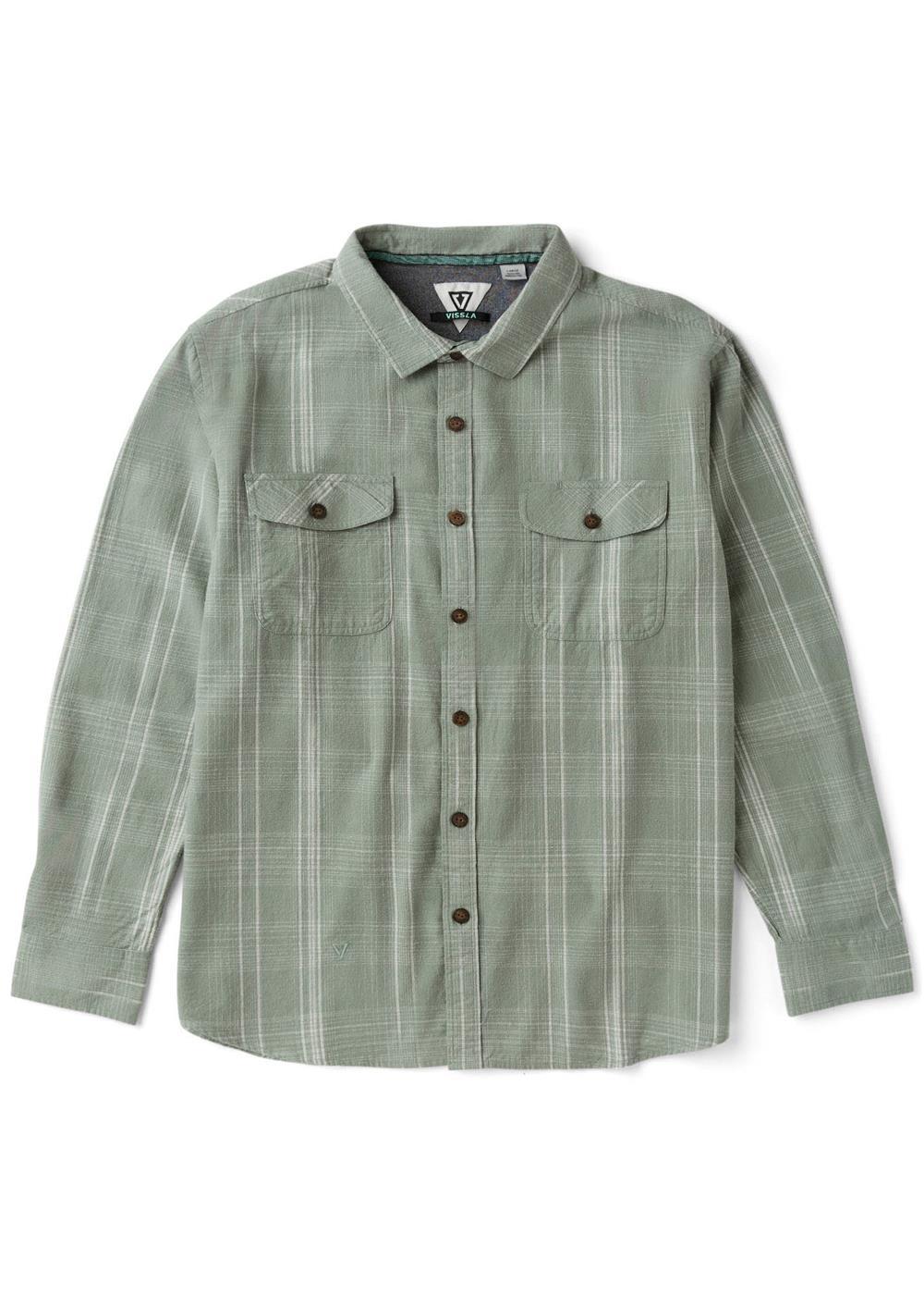 Vissla Central Coast Eco flannel shirt in muted sage green cotton plaid, with long sleeves, button front and dual chest pockets.
