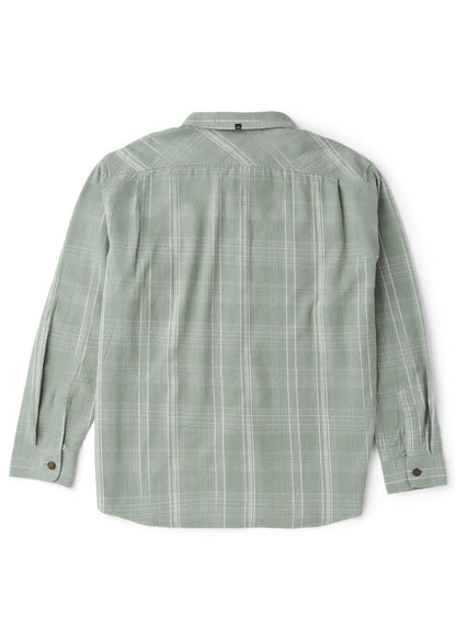 Vissla Central Coast Eco flannel shirt in muted sage green cotton with a subtle plaid pattern and long sleeves.