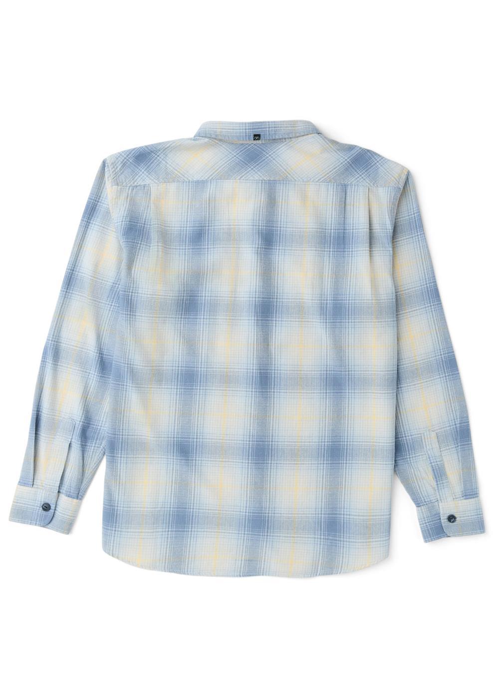 Vissla Central Coast Eco long-sleeve flannel shirt in blue and pale yellow plaid, with a back yoke and button cuffs.