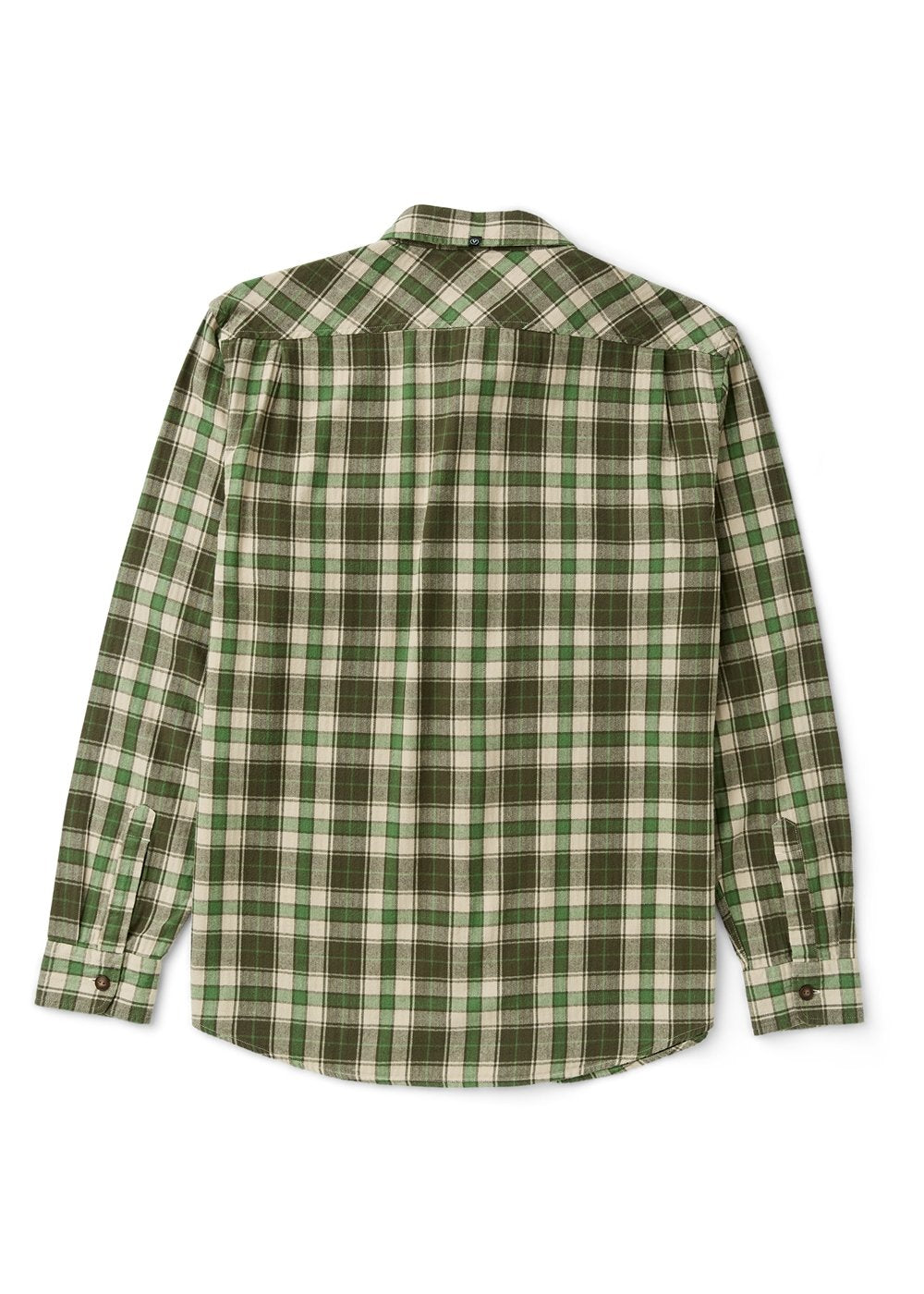 Vissla Central Coast Eco flannel shirt in green and cream plaid cotton, with long sleeves, button cuffs and back yoke.