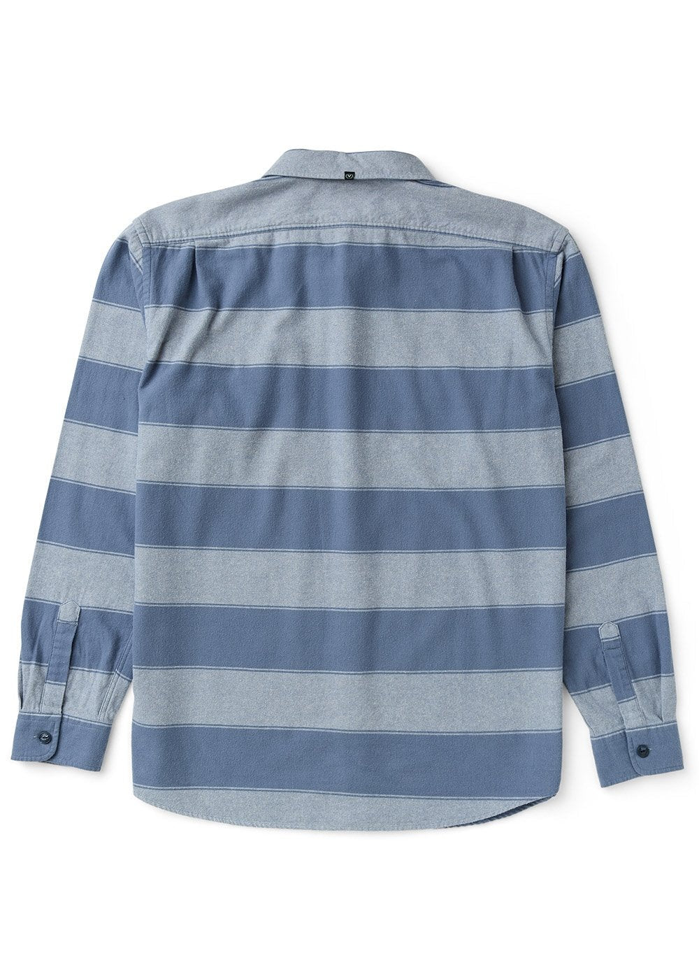 Vissla Central Coast Eco long-sleeve flannel shirt in blue and light gray organic cotton, with broad horizontal stripes and button cuffs.