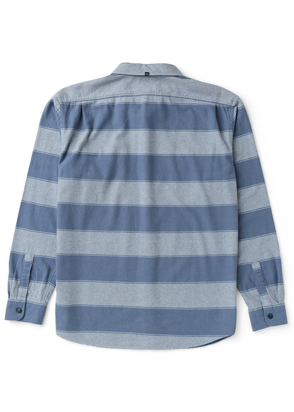 Vissla Central Coast Eco long-sleeve flannel shirt in blue and light gray organic cotton, with broad horizontal stripes and button cuffs.