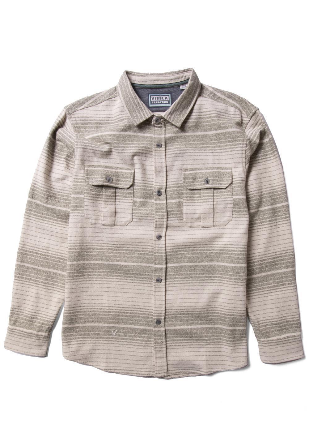 Vissla Creators Innovators flannel shirt in grey organic cotton, with horizontal stripes, button front and two chest pockets.