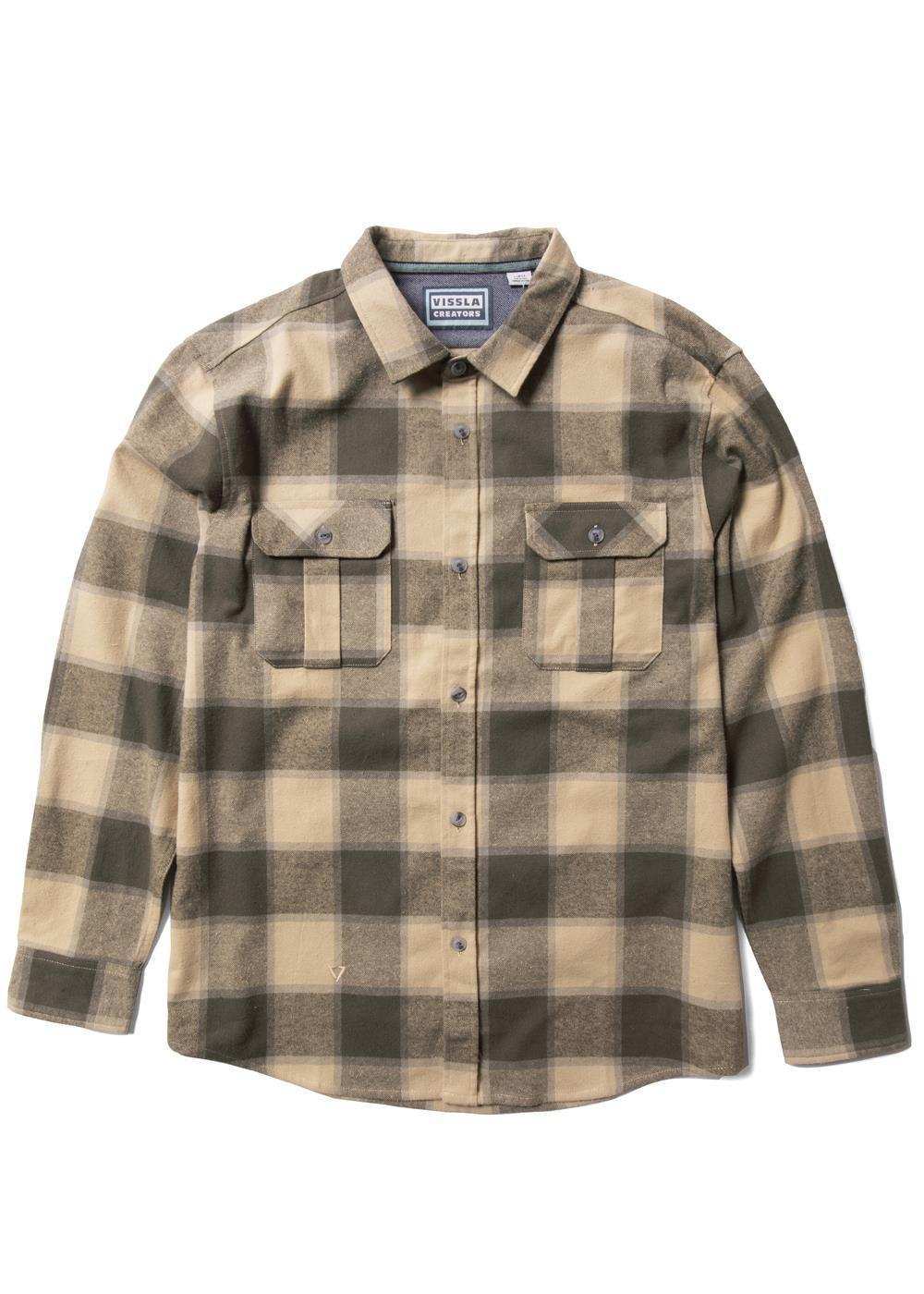 Vissla Creators Innovators flannel shirt in tan and charcoal organic cotton, with a bold plaid pattern and button-down chest pockets.