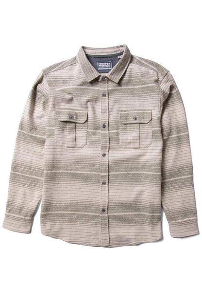 Vissla Creators Innovators flannel shirt in organic cotton, with a grey and cream horizontal stripe pattern and buttoned chest pockets.
