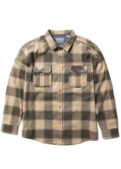 Vissla Creators Innovators flannel shirt in tan and charcoal organic cotton, with a bold plaid pattern and buttoned chest pockets.