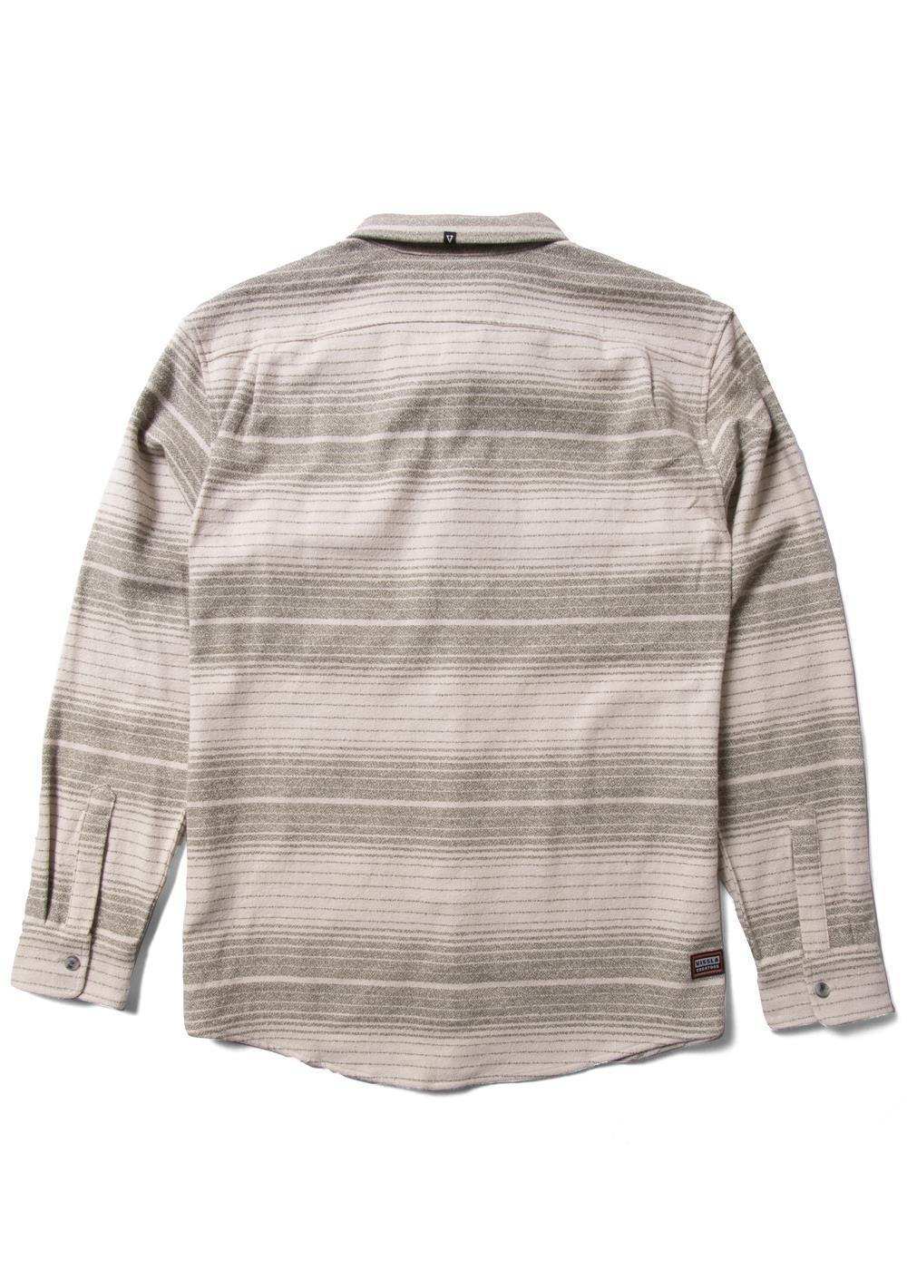 Vissla Creators Innovators flannel shirt in muted grey organic cotton, with fine horizontal stripes and button cuffs.