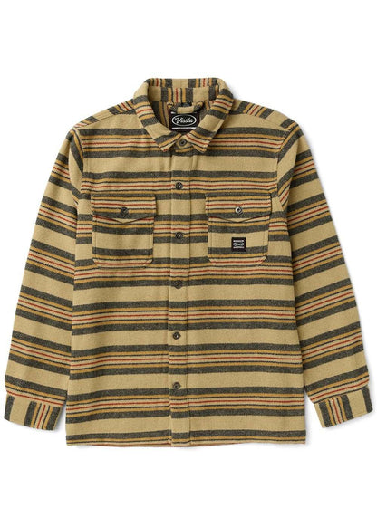 Vissla West Coast Overshirt in a tan wool-blend fabric with multicoloured horizontal stripes, button front and chest pockets.