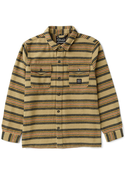 Vissla West Coast Overshirt in tan polyester-wool with multicoloured horizontal stripes, button front and chest pockets.
